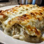 Close-up of baked Creamy White Chicken Enchiladas covered in melted, browned cheese and green chile sauce.