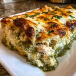 Close-up of a serving of Creamy White Chicken Enchiladas with green chile sauce pooling below the cheesy topping.