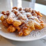 Close-up of freshly fried, crispy buñuelos generously dusted with white granulated sugar on a white plate.