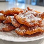 A pile of golden brown, crispy buñuelos generously dusted with white powdered sugar on a white plate.