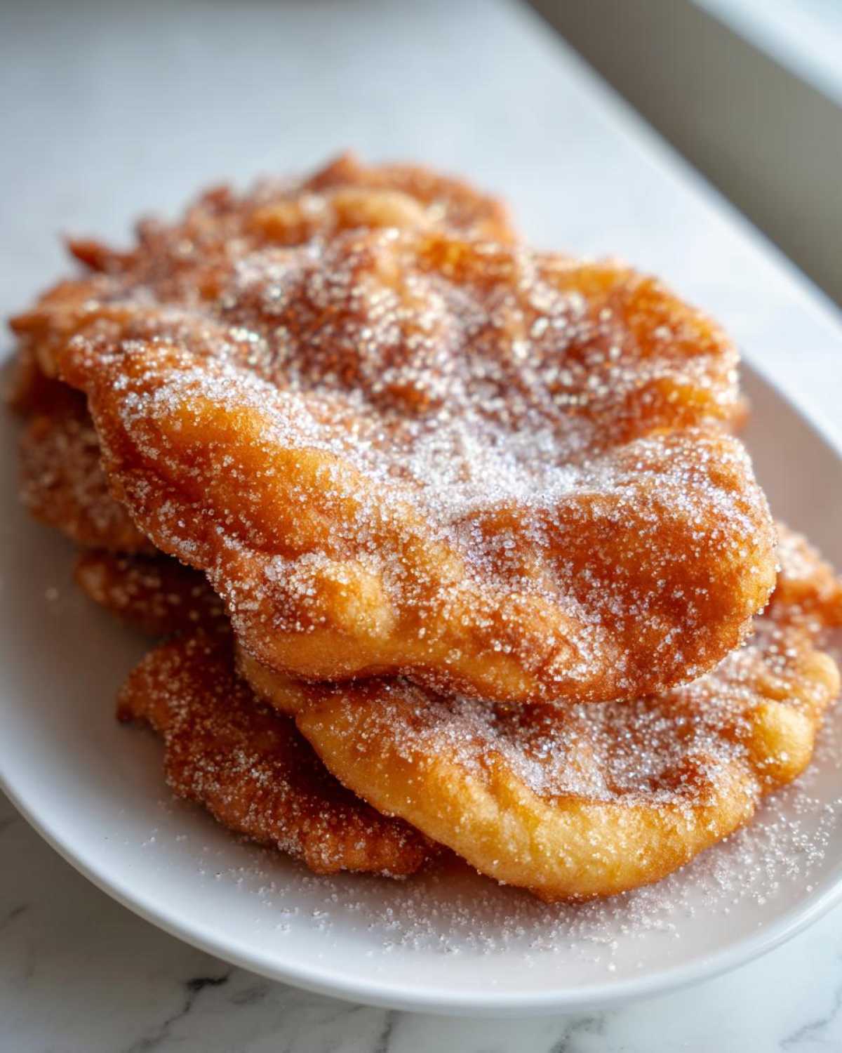 Close-up of several golden-brown, crispy buñuelos stacked on a white plate, heavily dusted with sugar.