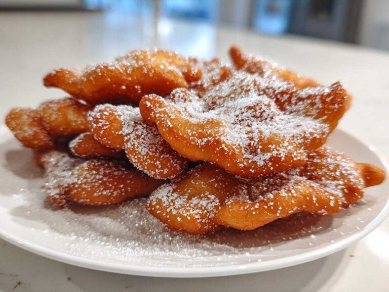 A pile of golden brown, crispy buñuelos generously dusted with white powdered sugar on a white plate.