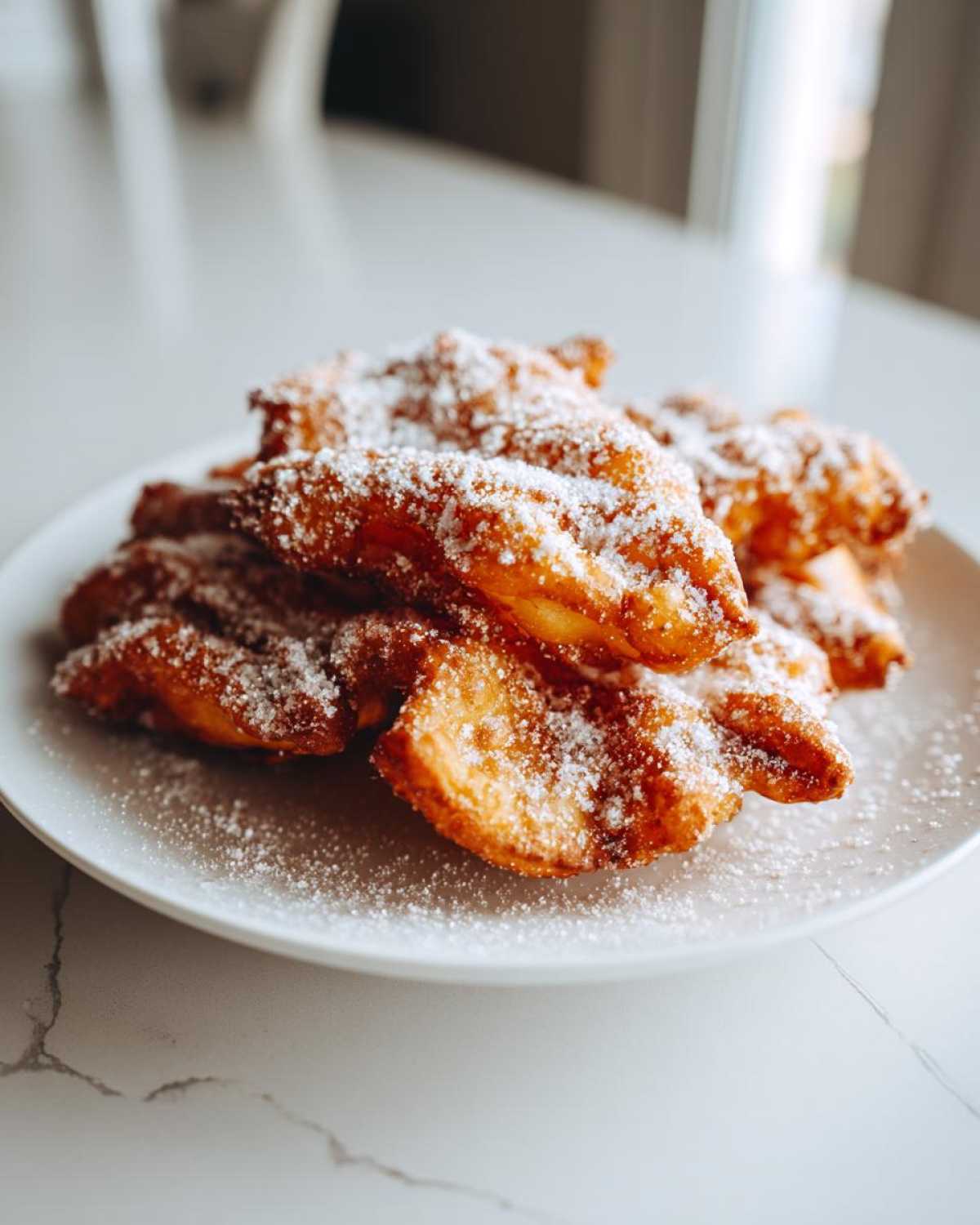 A pile of golden brown, crispy buñuelos generously dusted with powdered sugar on a white plate.