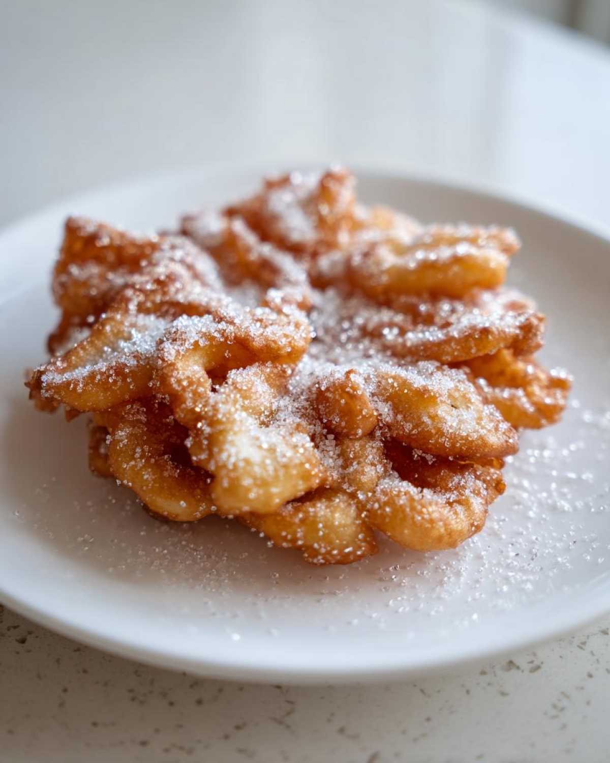 A single, golden-brown, crispy buñuelos pastry heavily dusted with granulated sugar on a white plate.