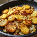 Close-up of perfectly golden and crispy fried potatoes mixed with caramelized onions in a black skillet.