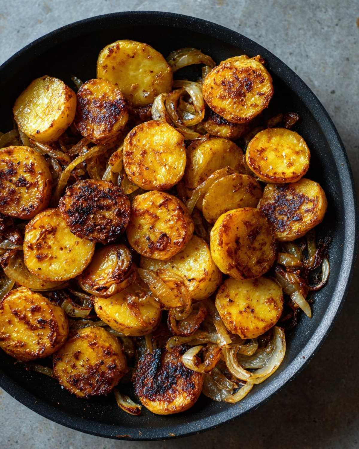Close-up overhead shot of perfectly crispy fried potatoes mixed with caramelized onions in a black skillet.