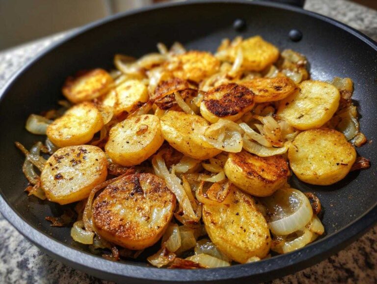 Amazing 1 Secret to Crispy fried potatoes Close-up of perfectly golden and crispy fried potatoes mixed with caramelized onions in a black skillet.