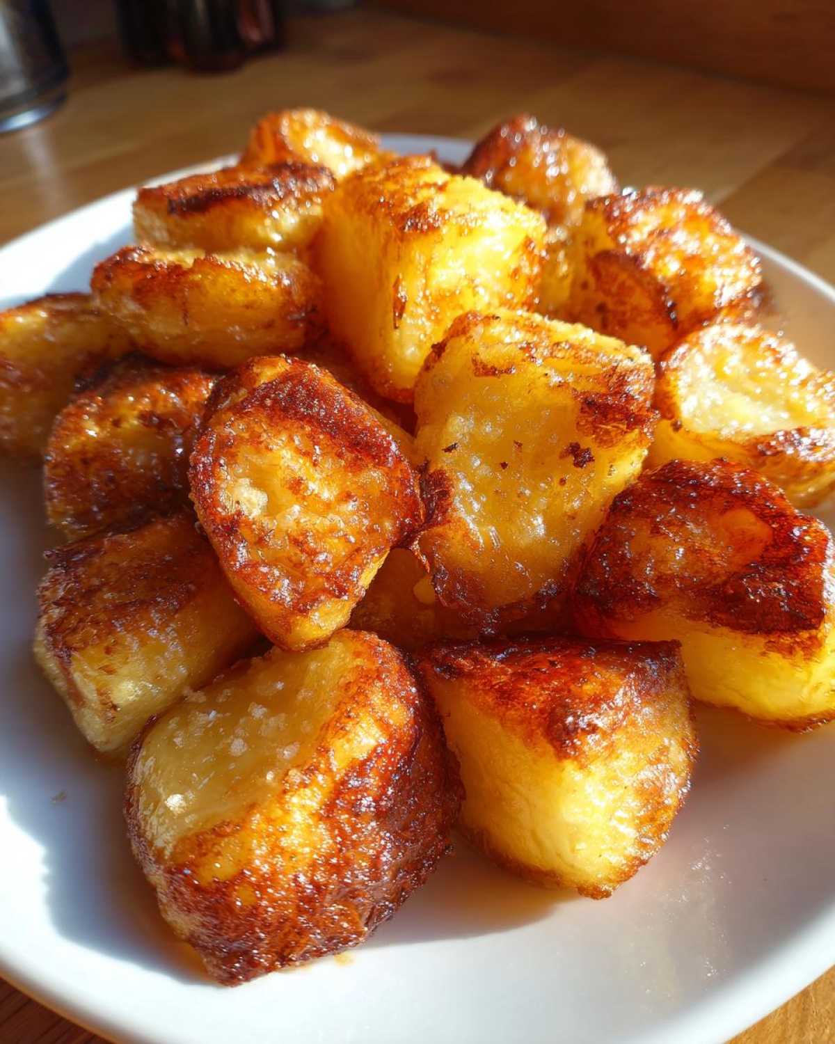 A pile of perfectly golden and crispy roast potatoes glistening under sunlight on a white plate.