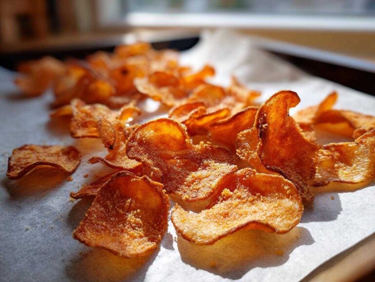 Close-up of golden brown, crispy oven Parmesan potato chips scattered on parchment paper.