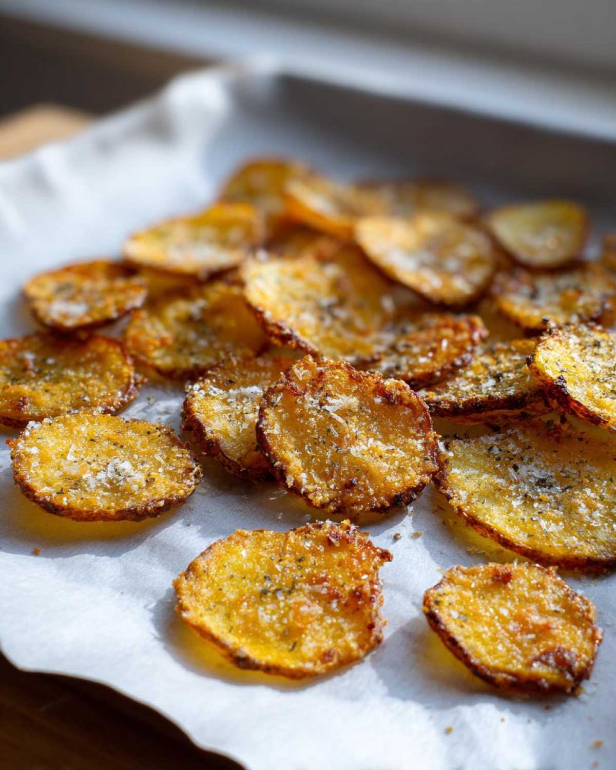 Close-up of freshly baked Crispy Oven Parmesan Potato Chips sprinkled with cheese and herbs on parchment paper.