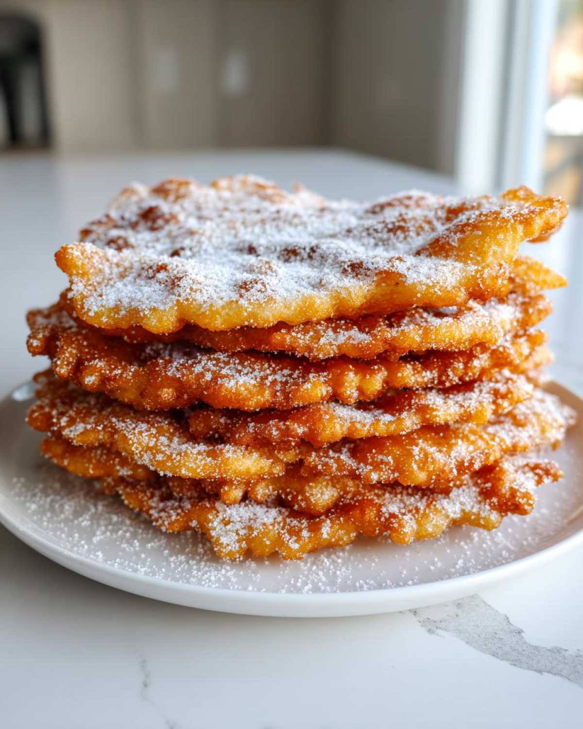 A tall stack of golden-brown, crispy buñuelos generously dusted with white powdered sugar.