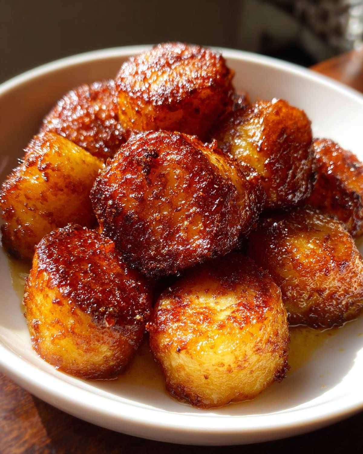 Close-up of golden brown, crispy roast potatoes glistening with oil in a white bowl.