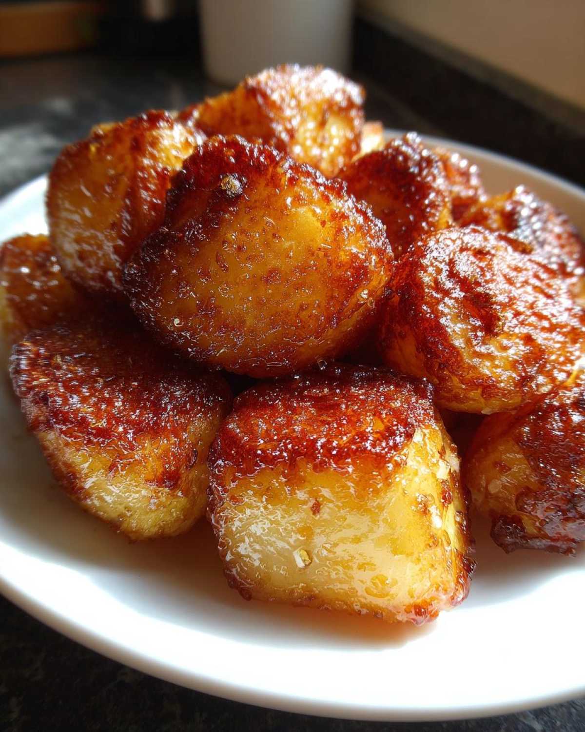 Close-up of incredibly crispy roast potatoes piled on a white plate, showing a deep golden-brown, caramelized exterior.