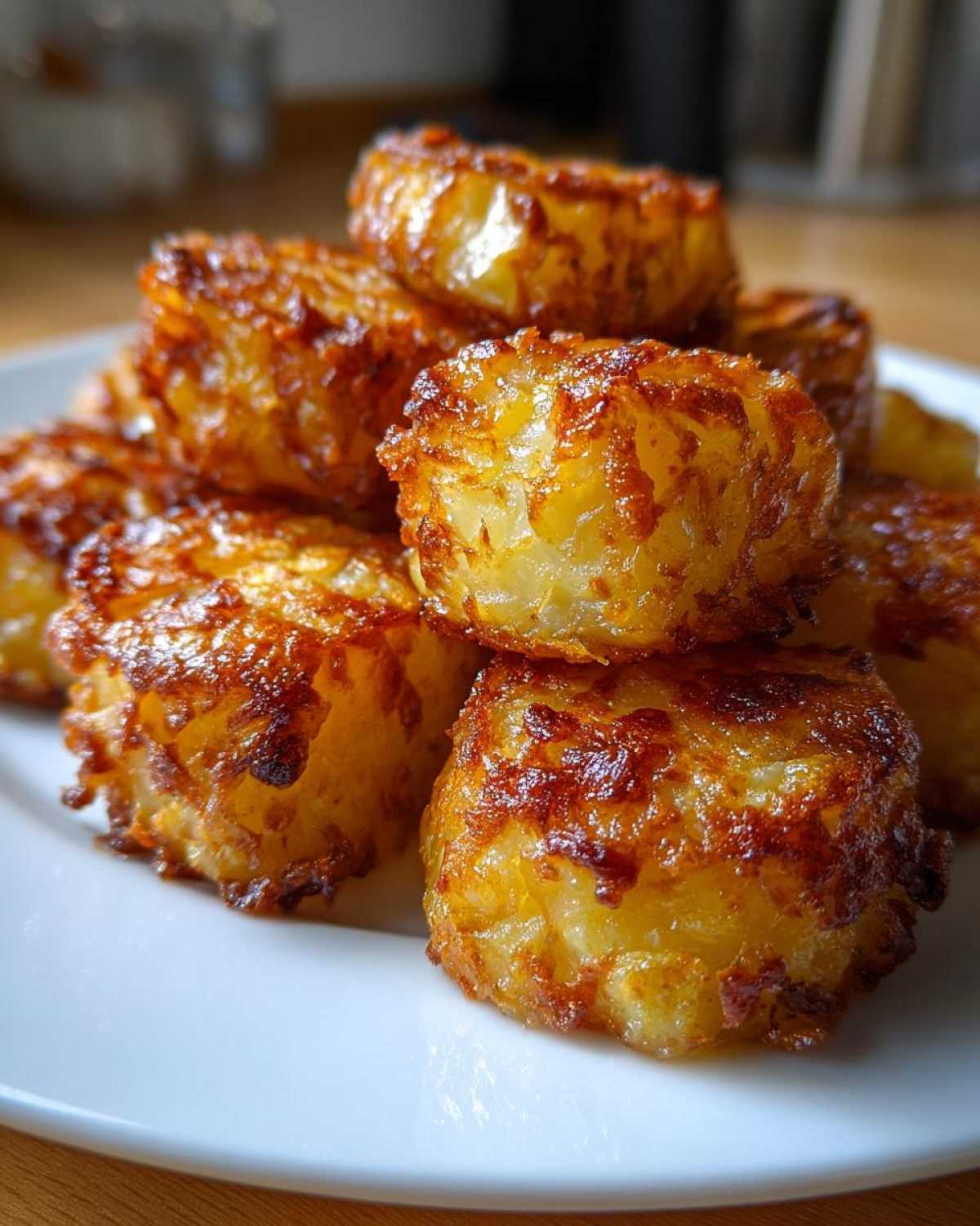 A stack of golden brown, crispy roast potatoes with a beautifully browned exterior.