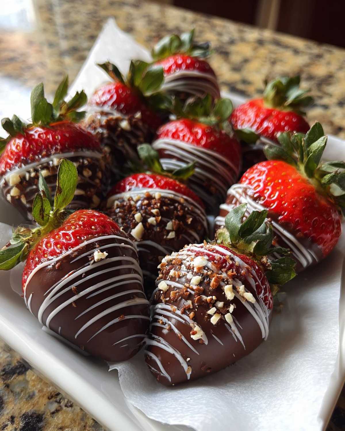A platter of beautifully decorated chocolate covered strawberries, drizzled with white chocolate and topped with nuts.