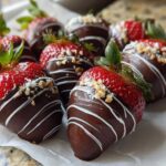 Close-up of fresh chocolate covered strawberries, drizzled with white chocolate and topped with crushed nuts.