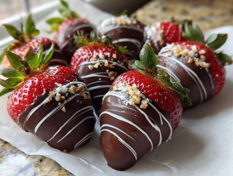 Close-up of fresh chocolate covered strawberries, drizzled with white chocolate and topped with crushed nuts.