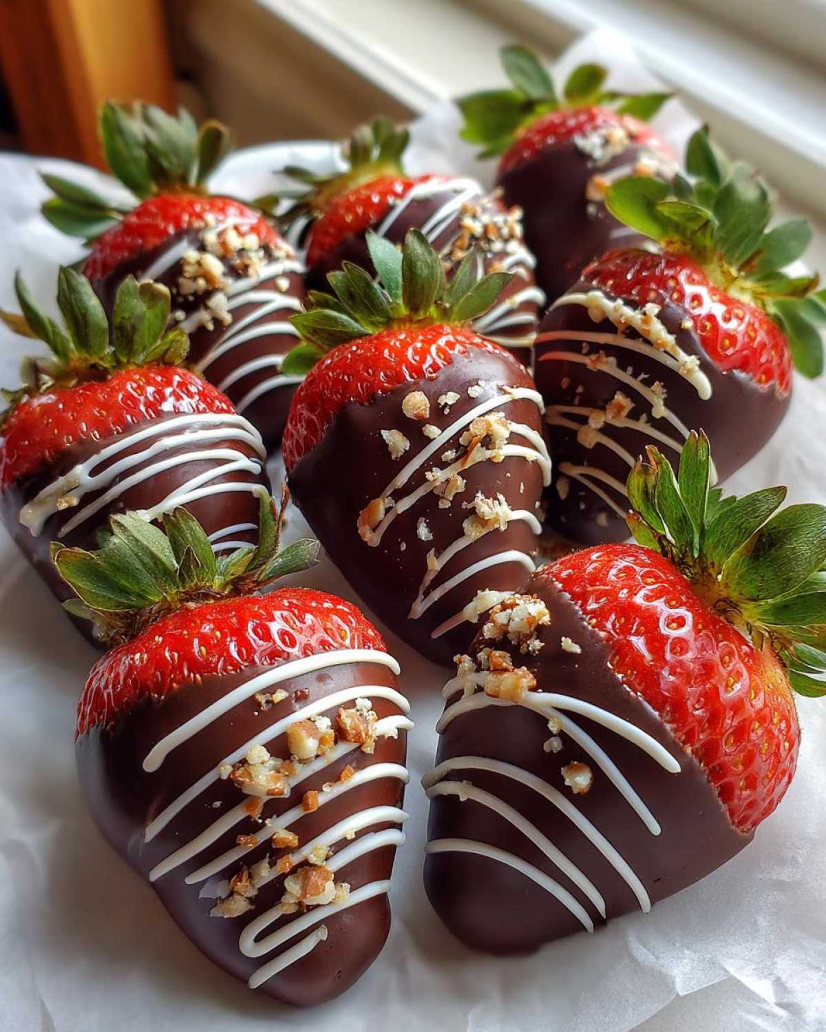 A group of fresh chocolate covered strawberries drizzled with white chocolate and topped with chopped nuts.