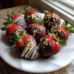 A plate of fresh chocolate covered strawberries, some drizzled with white chocolate and others topped with chopped nuts.
