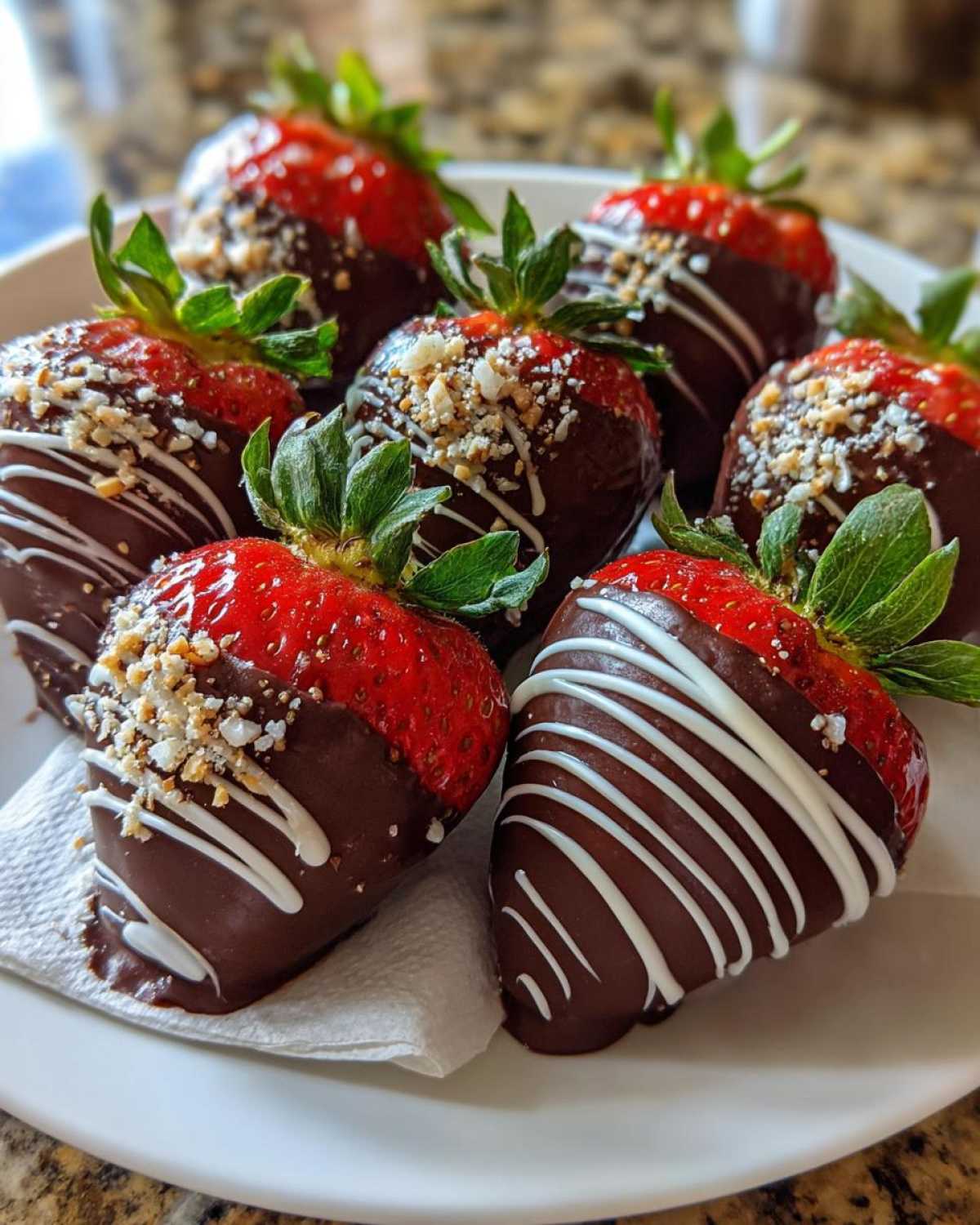 A close-up of several chocolate covered strawberries, drizzled with white chocolate and sprinkled with nuts.