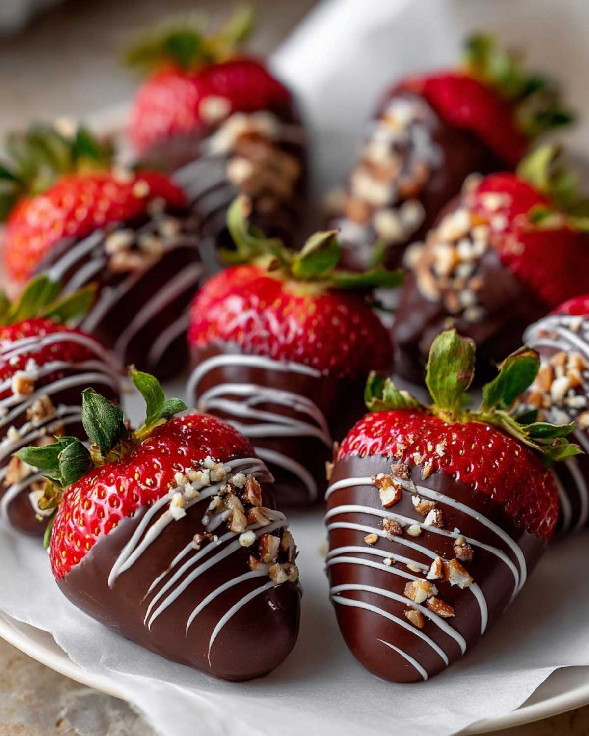 A platter of fresh chocolate covered strawberries drizzled with white chocolate and topped with chopped nuts.