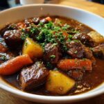 Close-up of a hearty bowl of Easy Guinness Beef Stew with tender beef chunks, carrots, and potatoes, topped with fresh parsley.