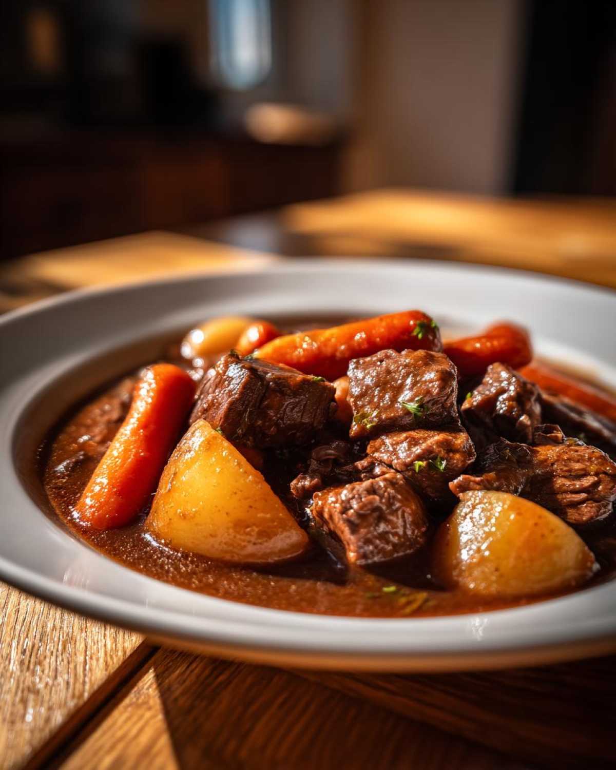 A close-up bowl of rich Easy Guinness Beef Stew with tender beef chunks, bright orange carrots, and golden potatoes.