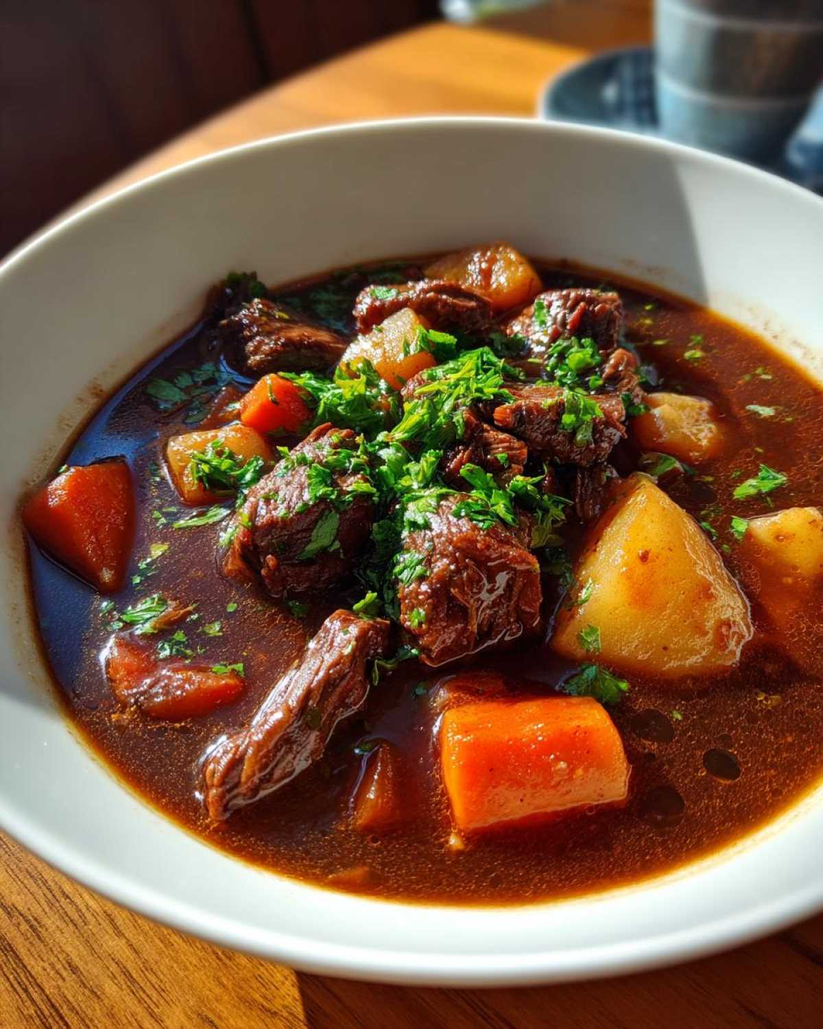 A close-up bowl of Easy Guinness Beef Stew with carrots, potatoes, and fresh parsley garnish.
