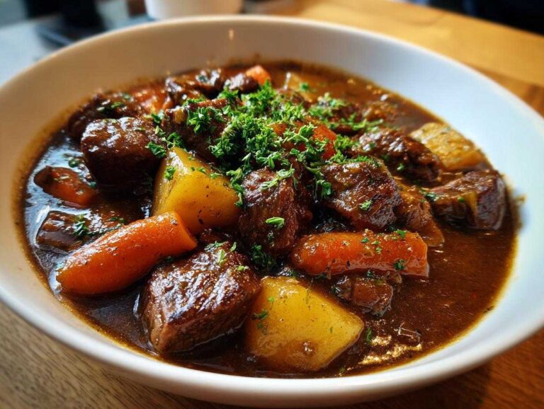 Close-up of a hearty bowl of Easy Guinness Beef Stew with tender beef chunks, carrots, and potatoes, topped with fresh parsley.