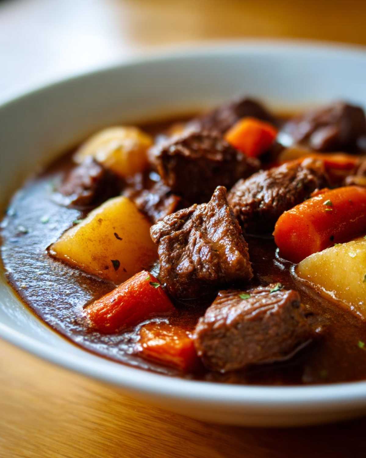 Close-up of tender beef chunks, carrots, and potatoes in a rich, dark gravy of Easy Guinness Beef Stew.