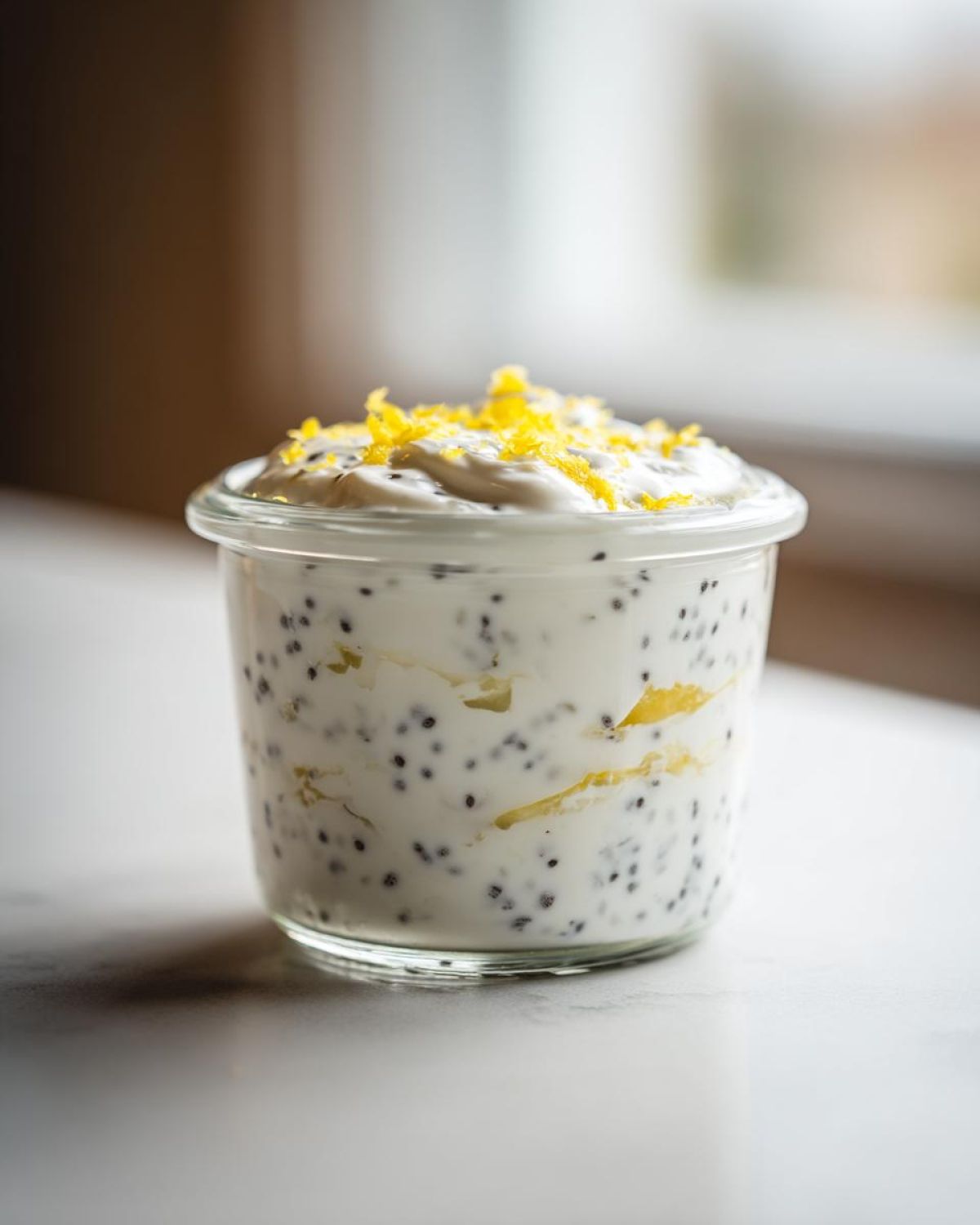 Close-up of an Easy Lemon Poppy Seed Yogurt Parfait layered with chia seeds and topped with bright lemon zest.