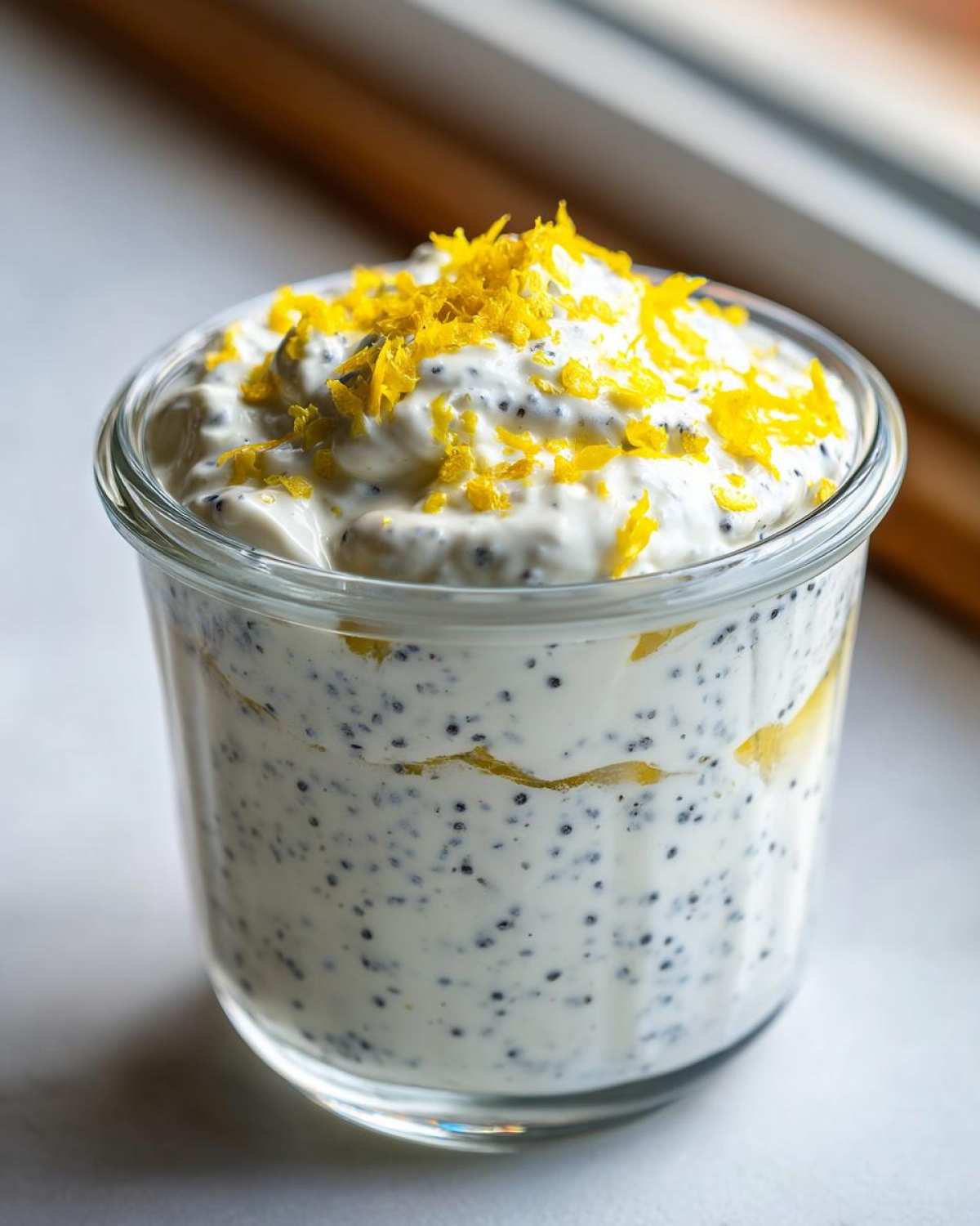 Close-up of an Easy Lemon Poppy Seed Yogurt Parfait topped with bright yellow lemon zest in a clear glass.