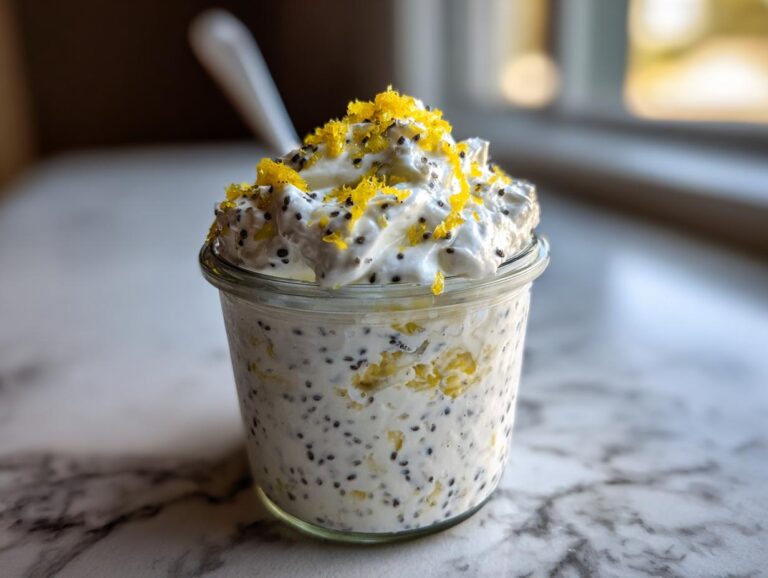 Close-up of an Easy Lemon Poppy Seed Yogurt Parfait topped with bright yellow lemon zest.