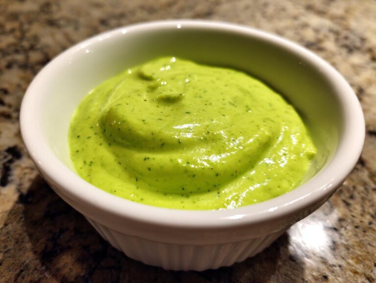 Close-up of creamy, bright green Five-Minute Avocado Lime Dressing in a small white ramekin.