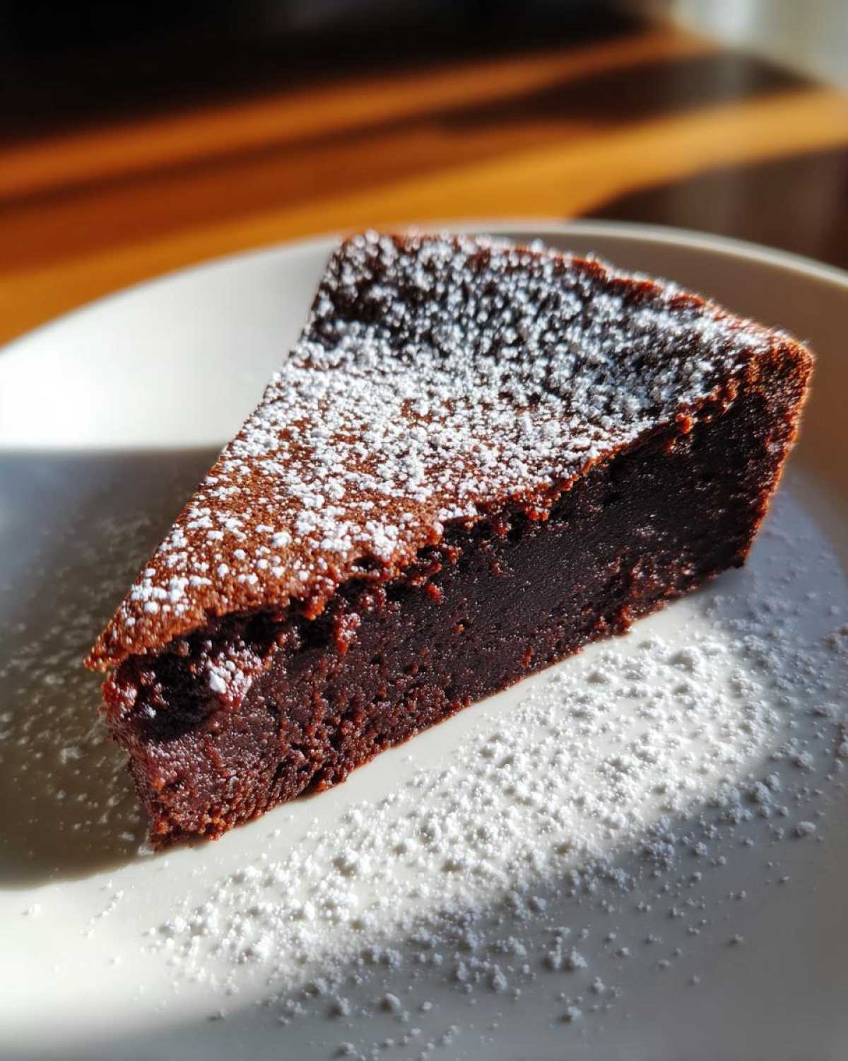 A rich, dark slice of flourless chocolate torte dusted generously with white powdered sugar on a white plate.