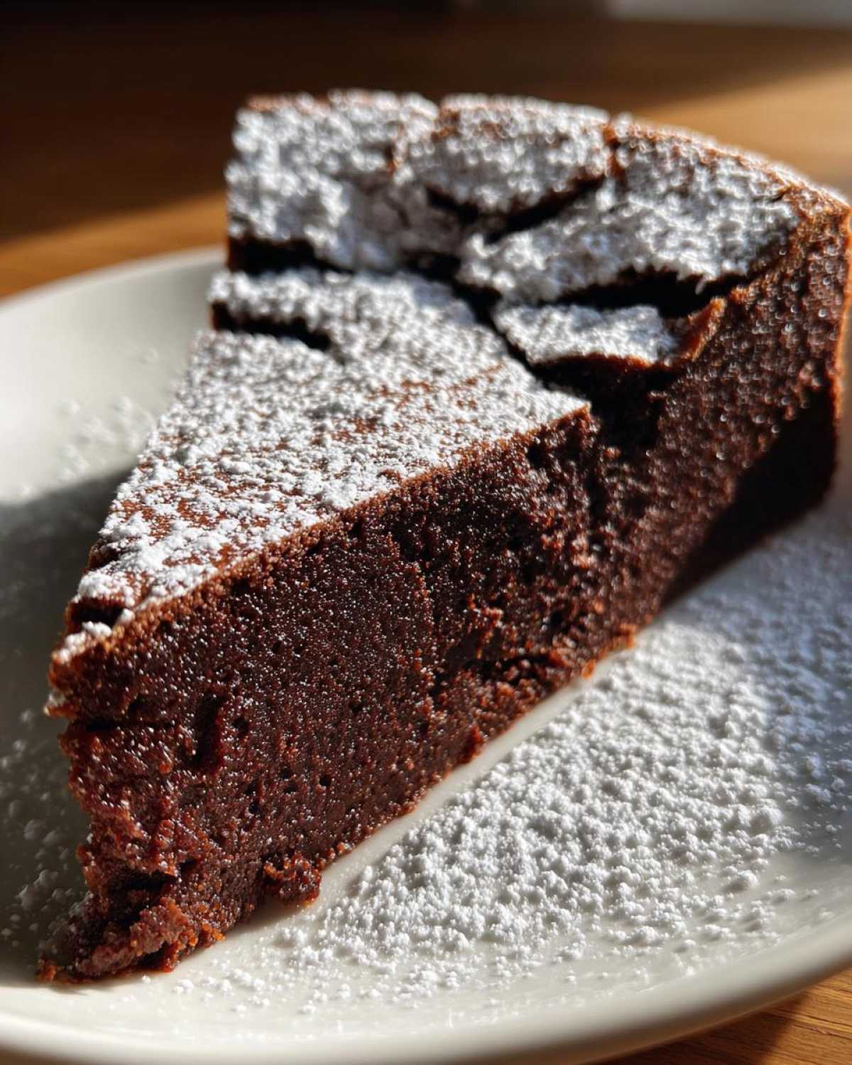 A dense, dark slice of flourless chocolate torte dusted heavily with white powdered sugar on a white plate.