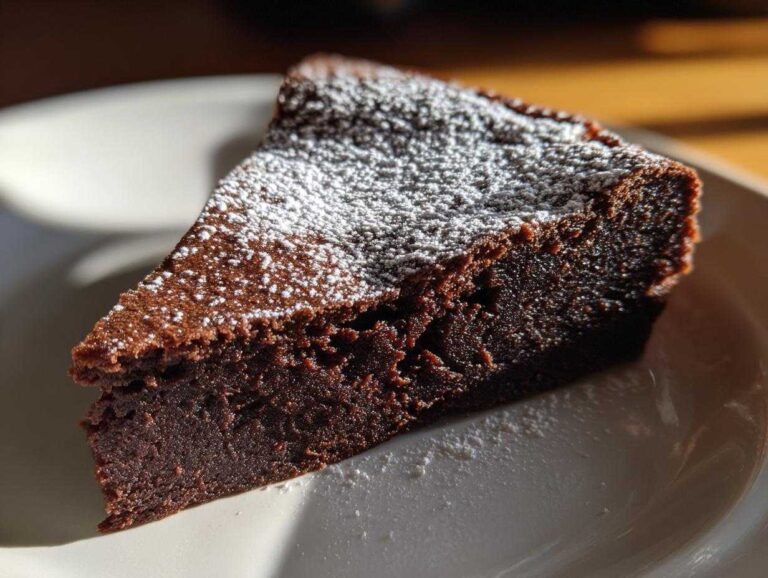 A close-up of a dark, dense slice of flourless chocolate torte dusted with white powdered sugar on a white plate.