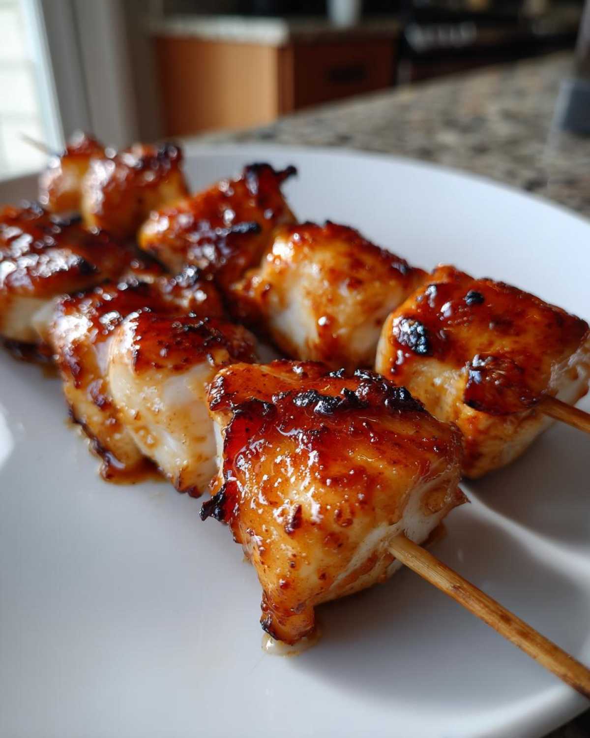 Close-up of perfectly cooked, glazed chicken skewers resting on a white plate.
