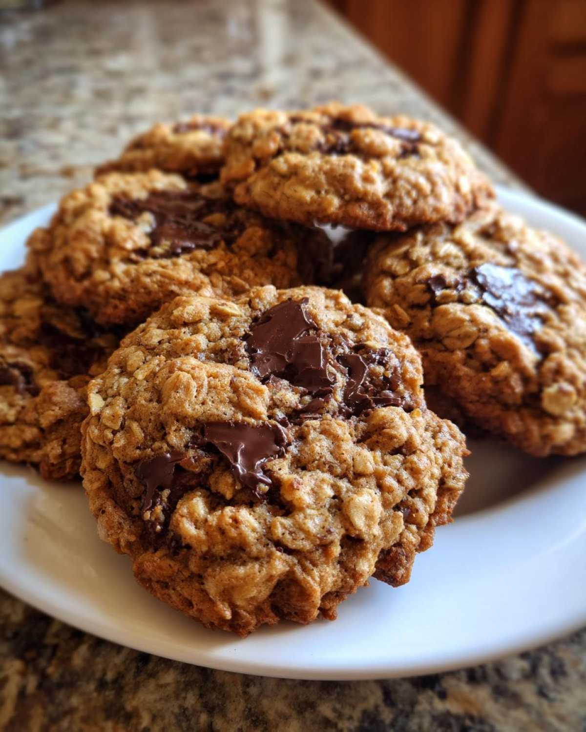A stack of freshly baked Gluten-Free Irish Oat Cookies with melted dark chocolate chunks on a white plate.
