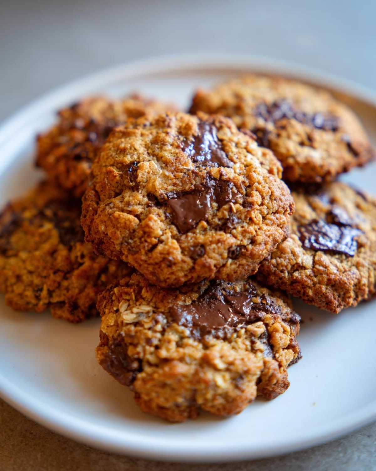 A stack of freshly baked Gluten-Free Irish Oat Cookies with chunks of melted dark chocolate on a white plate.