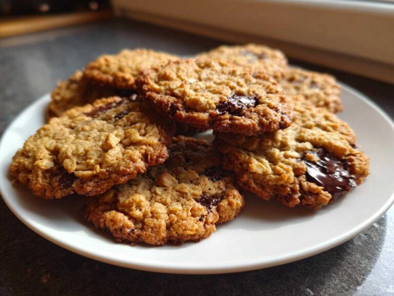 A stack of freshly baked Gluten-Free Irish Oat Cookies with melted dark chocolate chunks on a white plate.