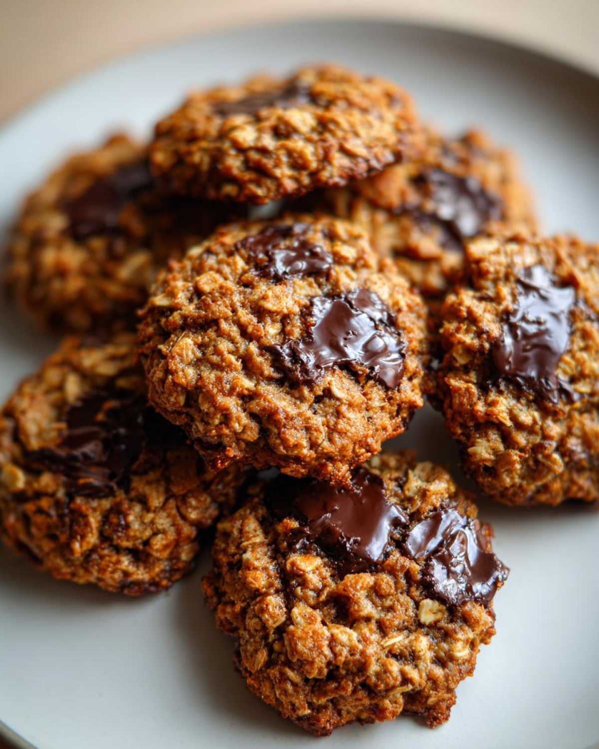 A close-up stack of freshly baked Gluten-Free Irish Oat Cookies with melted dark chocolate chunks.