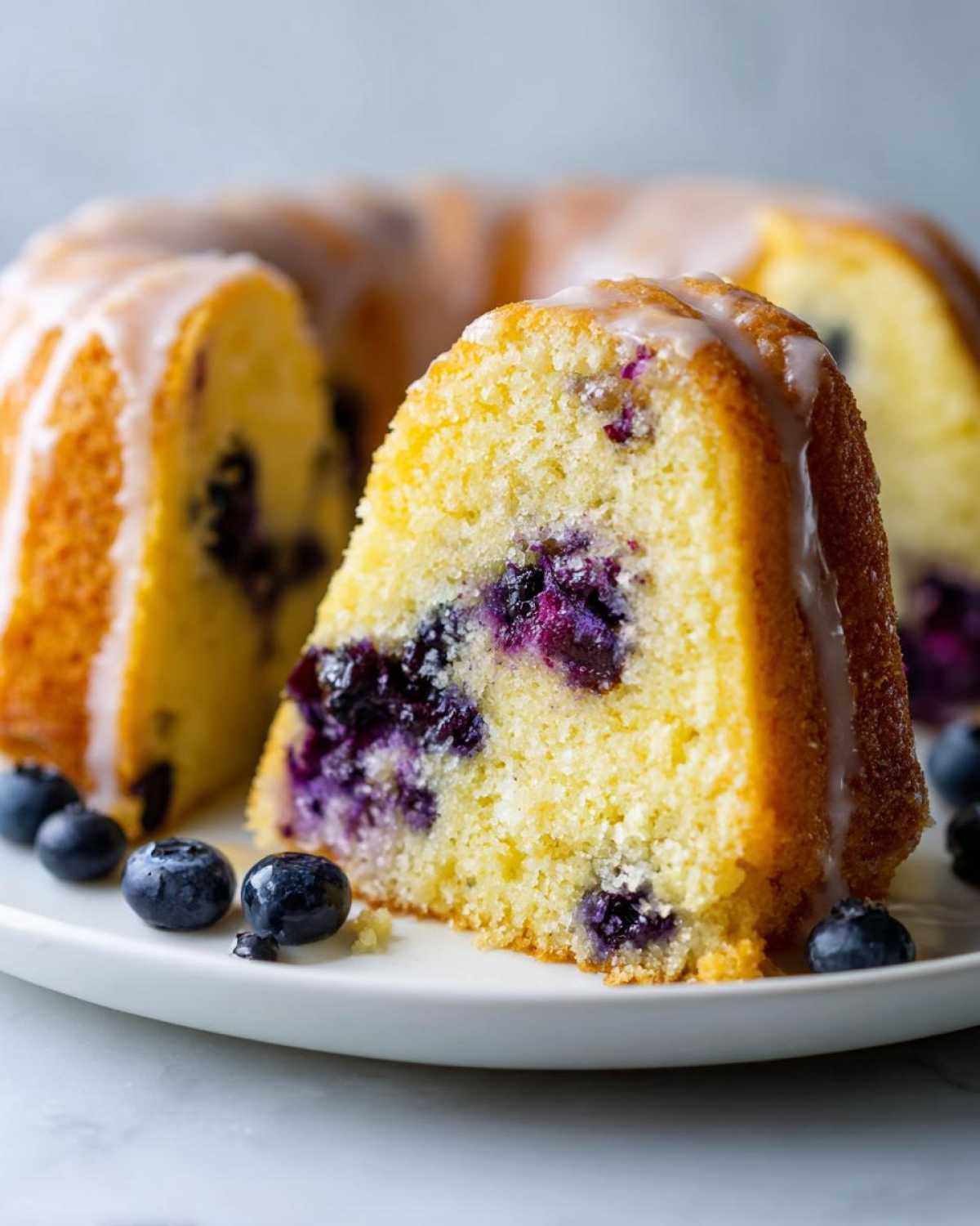 A close-up slice of moist Gluten-Free Lemon Blueberry Bundt Cake drizzled with white glaze, sitting next to the rest of the cake.