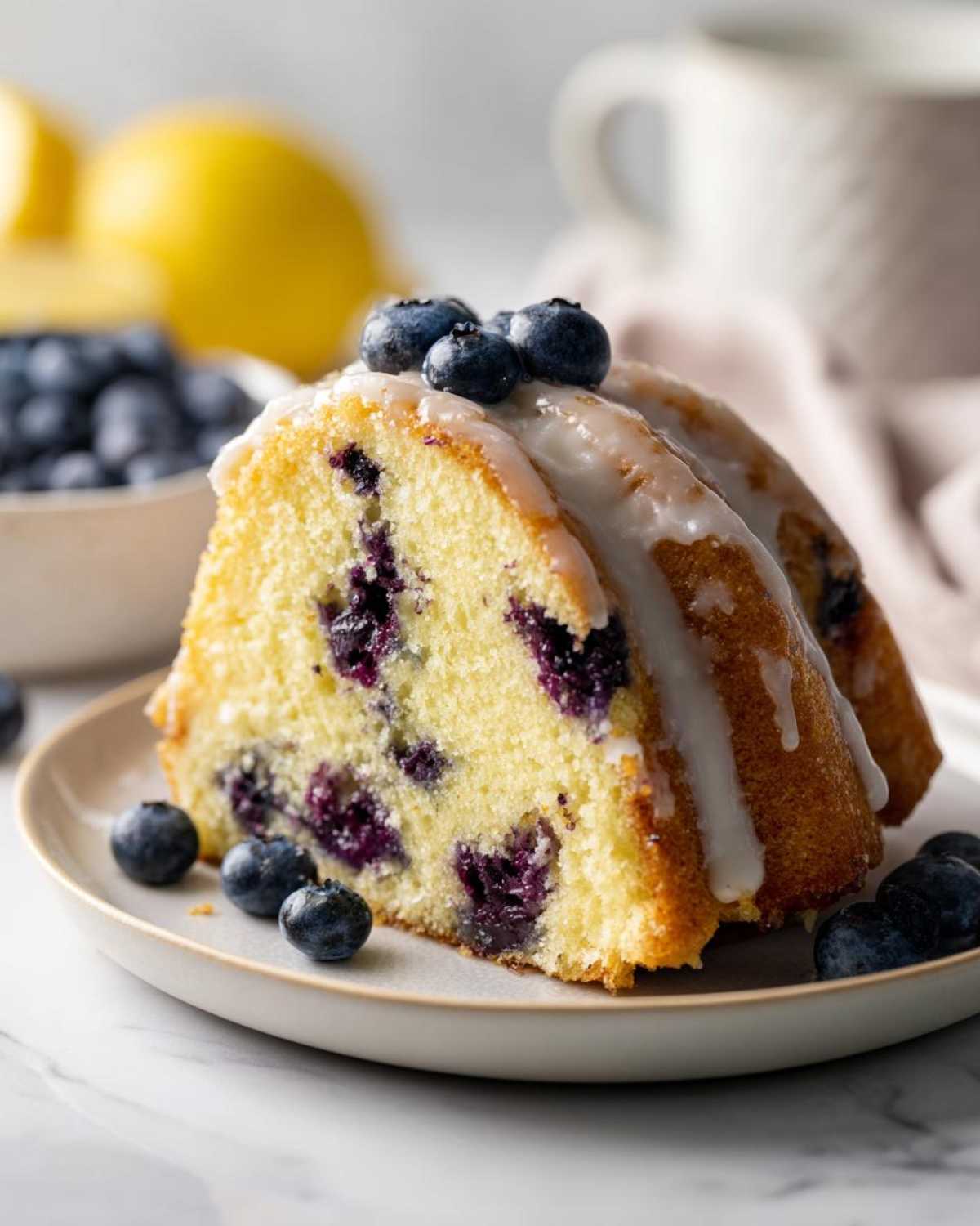 A close-up of a slice of moist Gluten-Free Lemon Blueberry Bundt Cake topped with lemon glaze and fresh blueberries.
