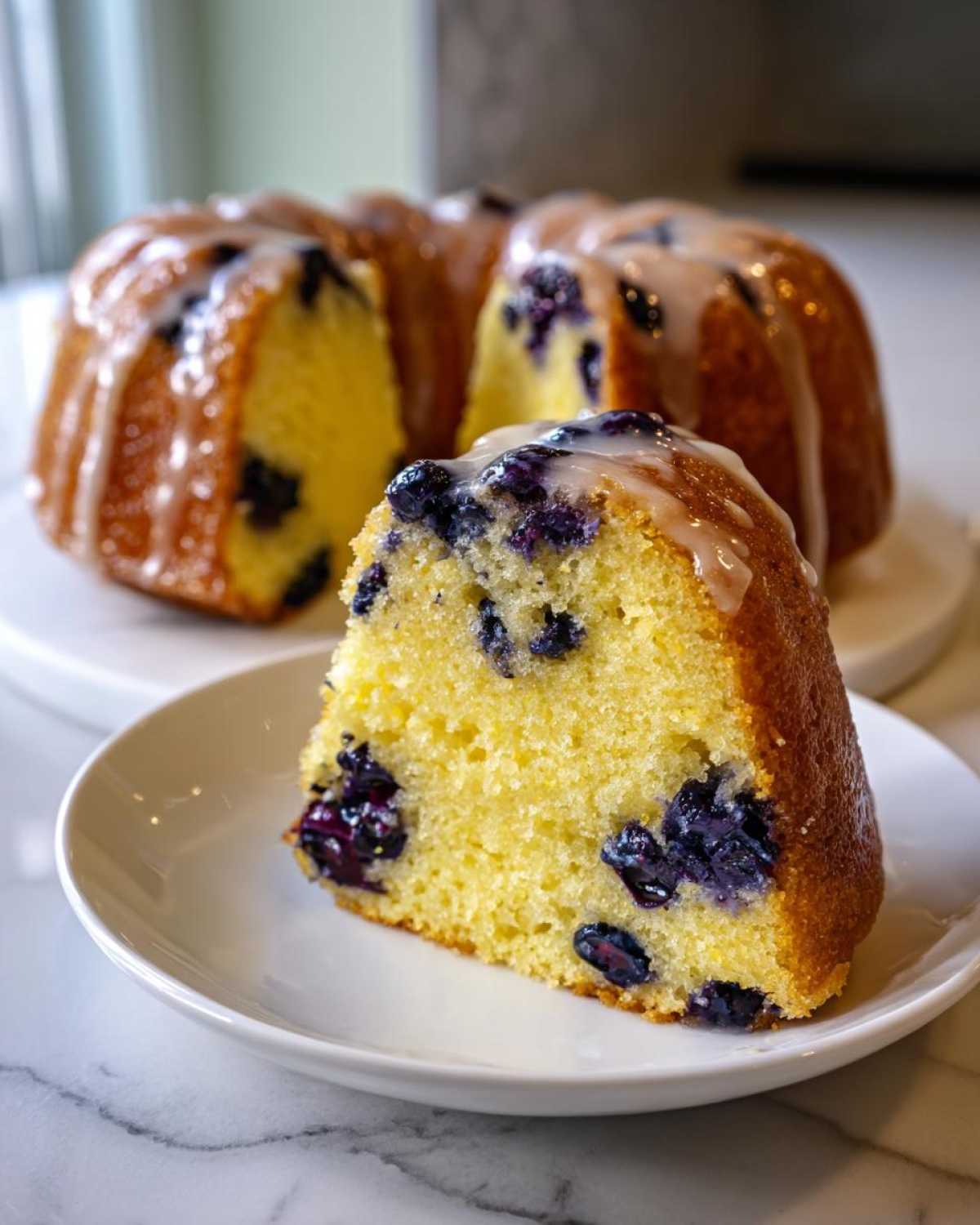 A close-up slice of moist Gluten-Free Lemon Blueberry Bundt Cake topped with a lemon glaze, with the rest of the cake in the background.