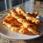 A pile of golden, flaky, twisted cheese straws recipe baked with crispy cheese topping.