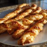 Close-up of several golden-brown, flaky, twisted cheese straws recipe piled on a white plate.