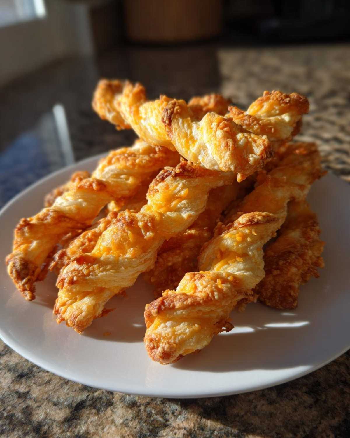 A pile of golden, flaky, twisted cheese straws recipe baked with visible cheddar cheese on a white plate.