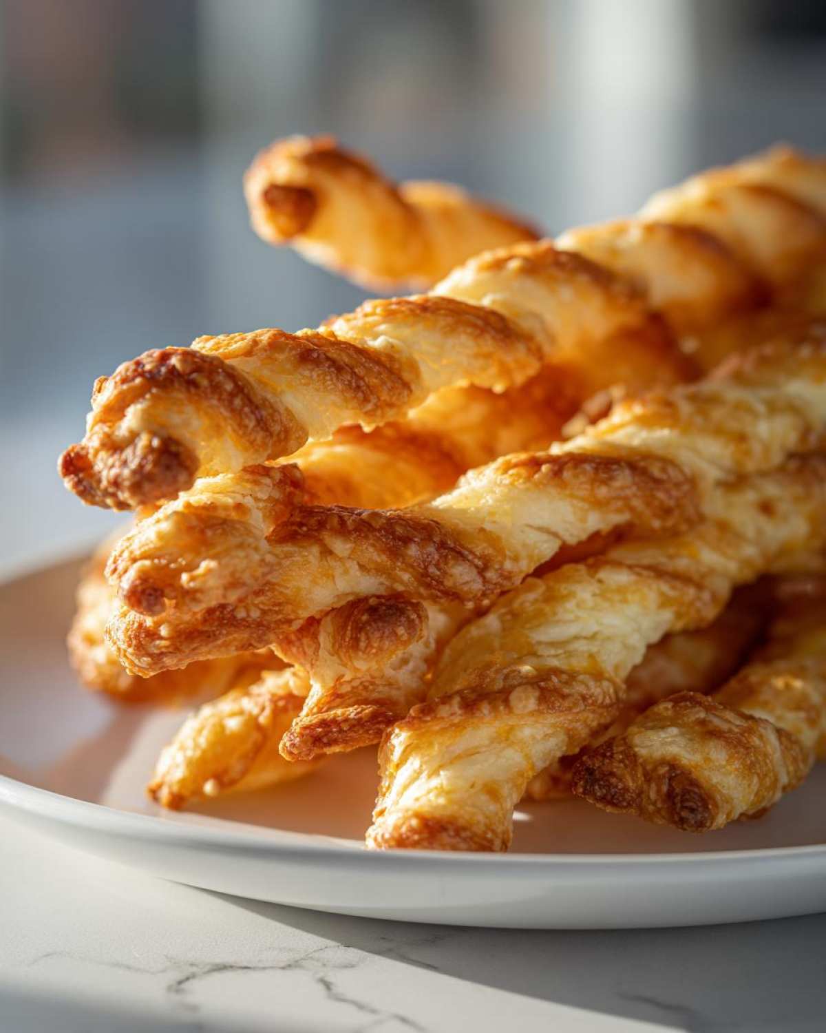 Close-up of several golden brown, flaky, twisted cheese straws piled on a white plate.