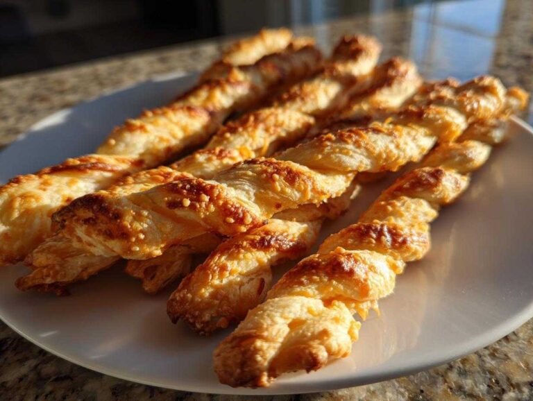 Close-up of several golden-brown, flaky, twisted cheese straws recipe piled on a white plate.